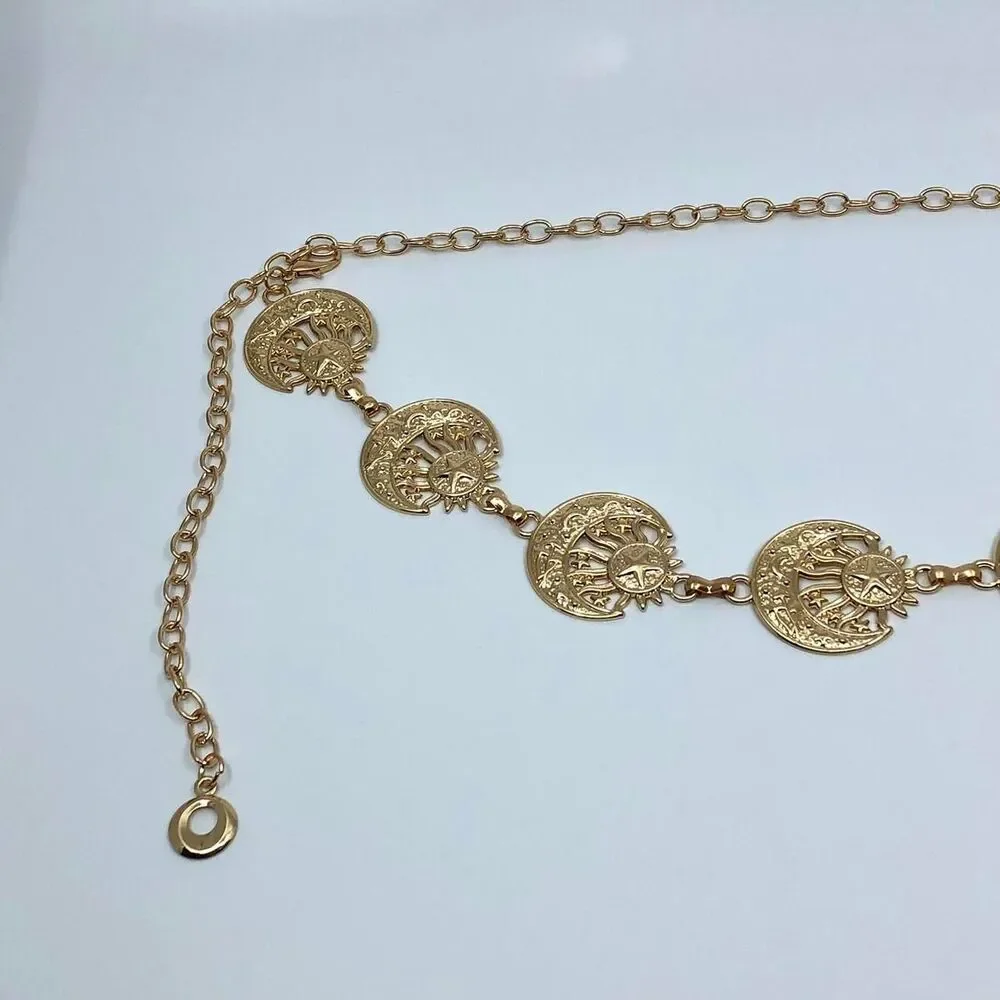 Vintage Y2K Celestial Gold Sun and Moon Chain Belt, Up to 40 Inches, X7GA1147